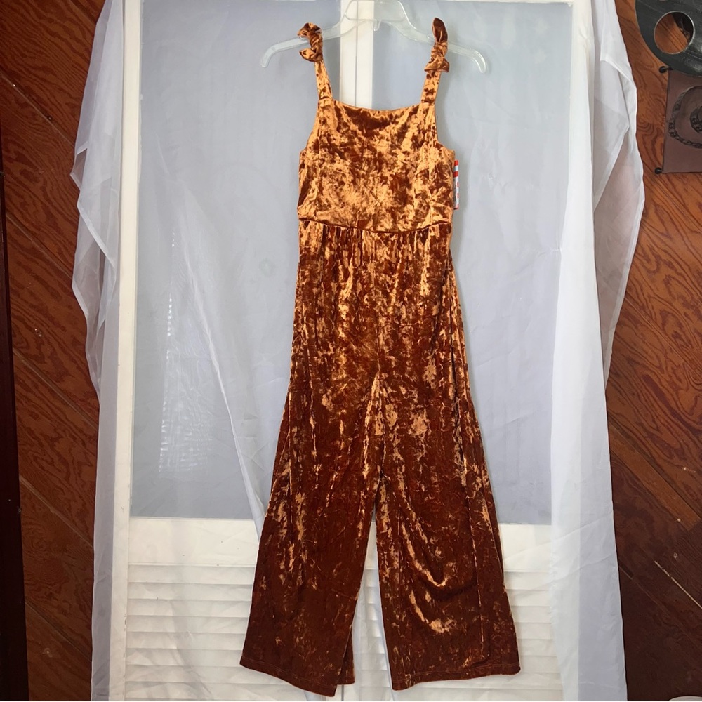 Cat & Jack Girls Bronze Velvet Jumpsuit L (10/12) Tie Straps Wide Leg NWT